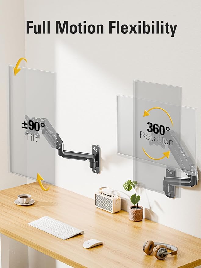 DreamAxis Single Monitor Wall Mount for 13-32" Computer Screens, Gas Spring Monitor Arm Holds Up to 19.8 lbs, Full Motion Height Adjustable Wall Bracket, 75x75/100x100mm VESA Mount, XD7001