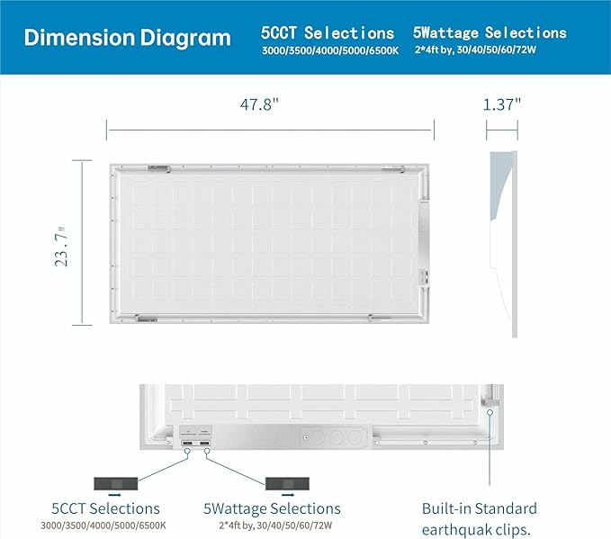 2x4 FT LED Light Flat Panel, 40-72W, 5 CCT 3K | 3.5k | 4K | 5K | 6.5K, Dimmable Recessed Drop Ceiling Lights, 3750/5000/6250/7500/9000 Lumen, Lay in Fixture for Commercial 120-277V, UL DLC (4 Pack)