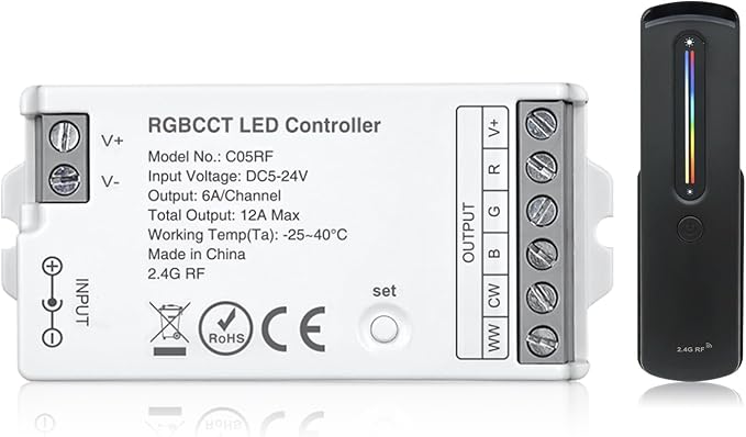 2.4GHz RF RGBCCT LED Strip Controller Remote Kit, Wireless Remote & Tuya Controller Dimmer with Group Control Adjust Brightness/Color Touch Slide for PWM 6Pin COB LED Strip Light DC5V DC12V DC24V