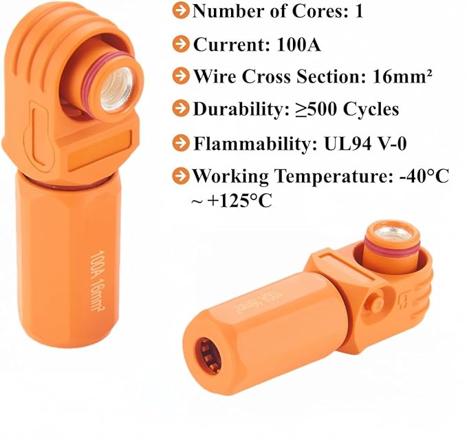 Right Angle 6mm 16mm² 100A Single Core Battery Energy Storage Connector IP67 Waterproof HV Battery Storage Plug,1PC (Orange, 100A)