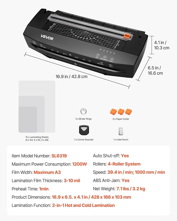 VEVOR Laminator Machine, Cold and Hot Lamination for Max A3 Paper Size, 1 min Quick Warm Portable Laminator, 3-10 mil Thickness, Ideal for Home, Office, Business, or School Supplies, Black