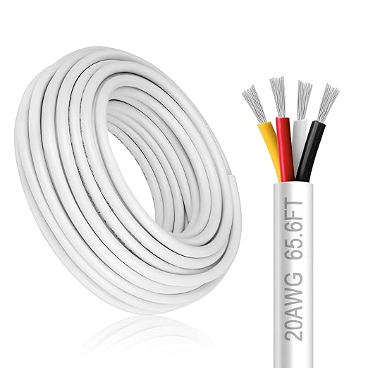 20 Gauge 4 Conductor Electrical Wire, 65.6FT White Stranded Low Voltage 20/4 PVC Case, 20 AWG Tinned Copper 4 Wire Extension Power for Strips LED Lamp Lighting