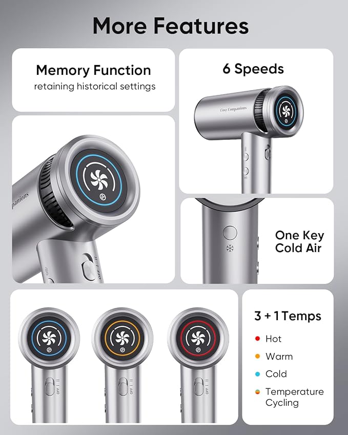 Cosy Companions Hair Dryer - High-Speed 150,000 RPM Hairdryer for Fast Drying, 500Million Negative Ionic & Thermo-Control & Cool Shot Button & HD Display Blow Dryer with Magnetic Diffuser & Nozzle