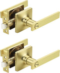 Mengico 2 Pack Gold Privacy Lever Door Handle Interior with Lock, Heavy Duty Square Door Lock for Bed/Bath, Keyless Door Locksets, Reversible for Left Right Handed Doors