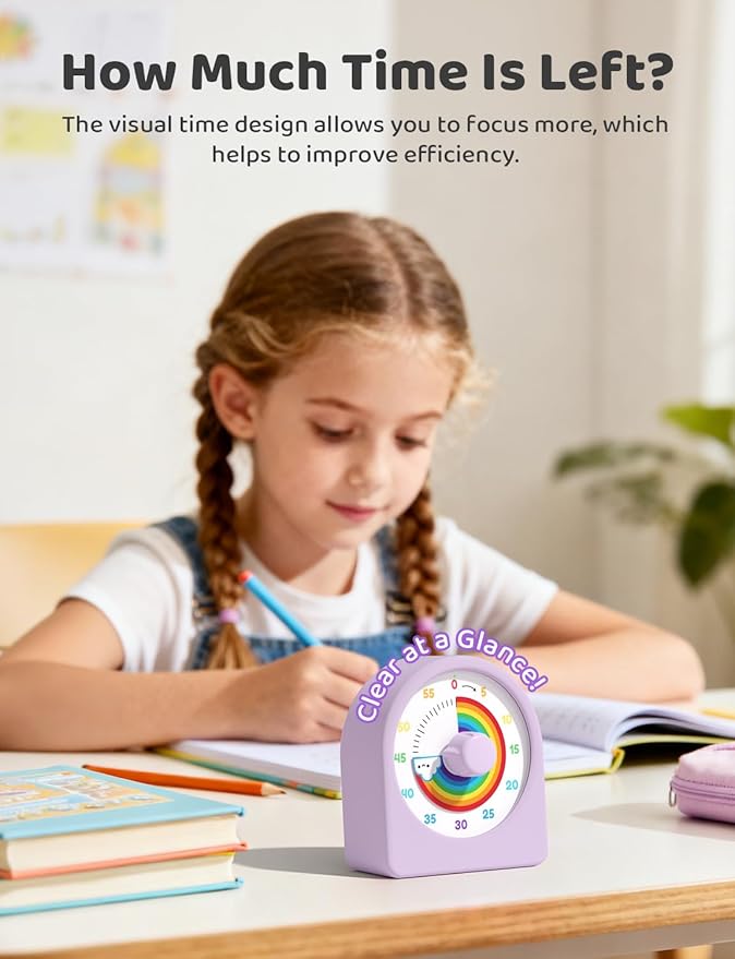 LIORQUE Visual Timer for Kids with Pause Function,Timer for Kids and Adults, Protective Case, Silent Time Management Tool, 60-Minute Countdown for Classroom, Office, Meetings, Study, Kitchen(Rainbow)