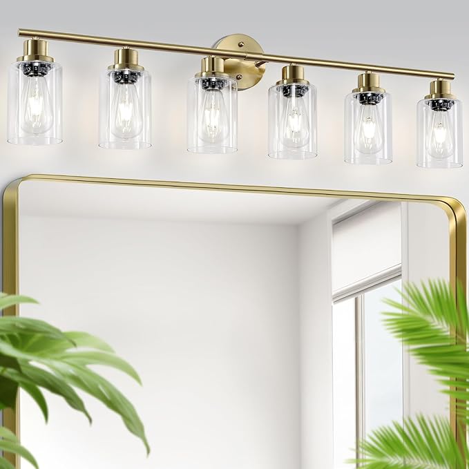 Guliaofo 6-Light E26 Gold Bathroom Vanity Lights, Modern Bathroom Light Fixtures with Clear Glass Shade, Wall Lamps for Mirror Hallway Kitchen Cabinet Living Room Sconces Lights