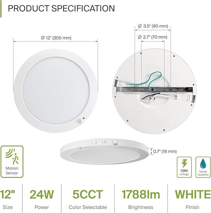 ASD LED 12" Round Flush Mount Ceiling Light Fixture, Low Profile Surface Lighting | 5CCT, Motion Sensored, Ultra-Thin, ETL Listed | 24W 1700LM 2700-6000K 120V | Kitchen, Hallway Lamp | White