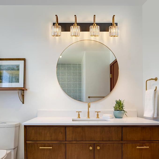 FDPBY 4-Light Crystal Vanity Light, Modern Black Gold Bathroom Wall Sconce with K9 Crystal Shades, 32.67" Long Over Mirror Lighting for Vanity, Makeup, Hallway, Elegant & Easy Install