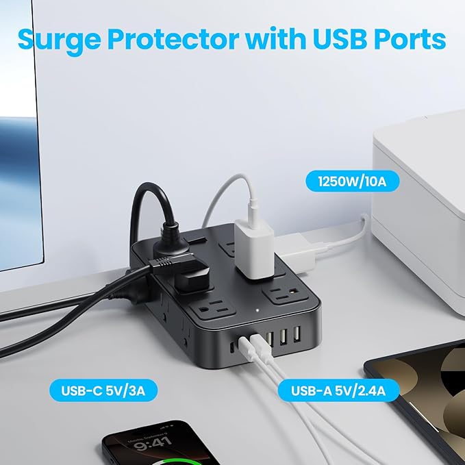 Solidock Flat Plug Power Strip Surge Protector with 12 AC Outlets 6 USB Ports 3 Side Multi Plug Outlet Extender 10 Ft Extension Cord for Home Office Kitchen Dorm Wall Desk Charging Station ETL Listed
