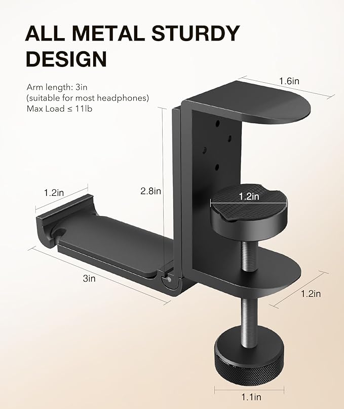 APPHOME Headphone Stand Hook for Desk, Foldable Under Table Headset Holder with Built-in Cable Clip Organizer, Clamp Hanger Mount for PC Gaming, Office, Backpack, Bag, Purse Hanging