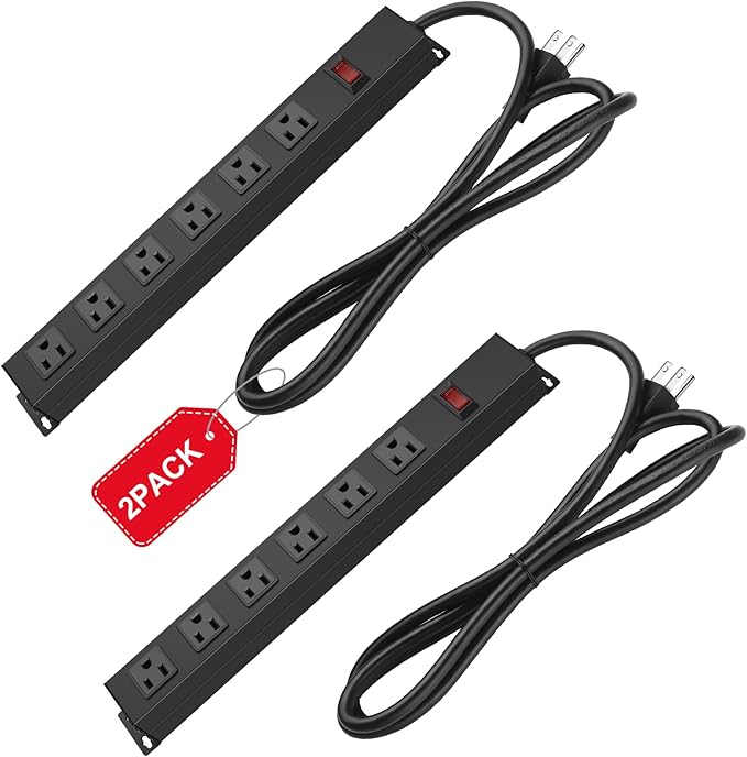 2Pack Metal Wall Mount Power Strip, Mountable Power Outlet with 6 AC Outlets, Aluminum Alloy Mount Power Socket with Switch, 3 FT SJT 3/C 14AWG Power Cord, 15A 125V 1875W (6AC)