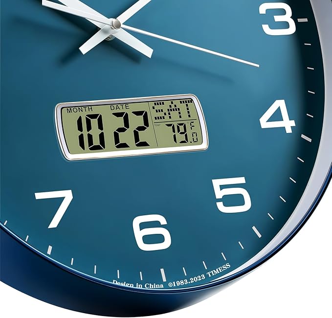 TIMESS Wall Clock, 10" Dial Non-Ticking Silent Battery Operated Analog with LCD Display for Perpetual Calendar and F° Temperature, Ideal Modern Home, Bedroom, Kitchen, Office Decor (Blue)