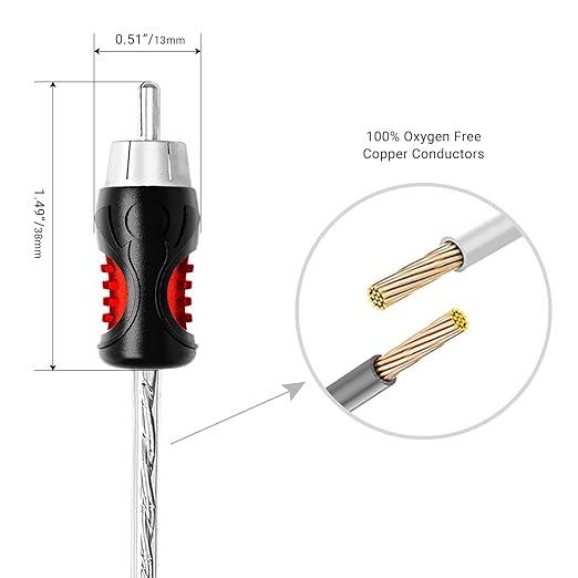 RECOIL PCI49 Premium 100% Oxygen Free Copper 9ft 4-Channel RCA Audio Interconnects Cable (4X RCA Male to 4X RCA Male) Double Shielded with Noise Reduction