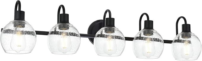 WINSHEN 5-Lights Black Bathroom Vanity Light Fixtures Over Mirror, Modern Vanity Wall Sconce Lighting with Globe Seeded Glass Lampshades for Bedroom Kitchen Hallway