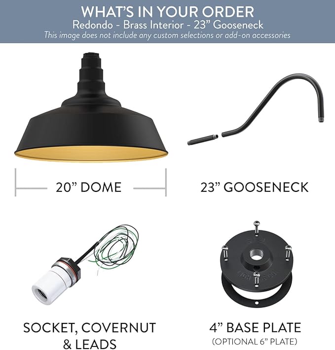 Steel Lighting Co. Large Outdoor Barn Light | Gooseneck Light Fixture | Made in America from 18-Gauge Steel | 20" Dome | 23" Gooseneck Matte Black Exterior/Brass Interior