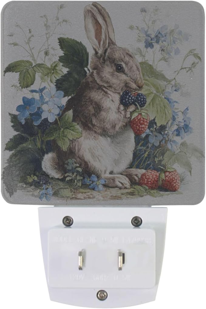 Pigsaly Led Night Light Watercolor Rabbit Strawberries Night Light Plug in Wall Lamp Smart Dusk to Dawn Sensor Nightlight Led Lamp Energy Saving Lights Gift for Kids Room Bedroom Bathroom Hallway