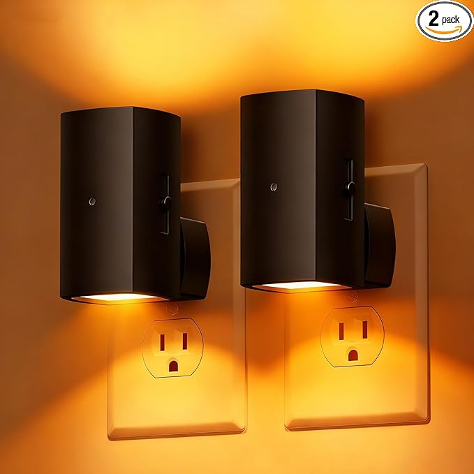 Brightown 2 Pack Black White Night Lights Plug into Wall, Modern Night Light with Rotating Plug, Dusk to Dawn Sensor, 0-100LM Stepless Dimming Aora Night Light for Hallway Bedroom Bathroom,Amber