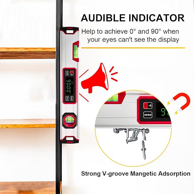eOUTIL 15.7-Inch Digital Torpedo Level & Angle Finder – IP54 Waterproof Inclinometer with Backlit LCD, V-Groove Magnetic Base, 0.1° Accuracy – for Construction, Woodworking, Metalworking（Red)