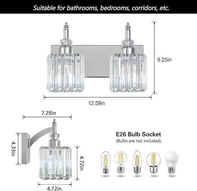 BBLLWJ Modern Bathroom Vanity Light 2-Light Chrome Crystal Light Fixtures Over Mirror for Bathroom Wall Sconce