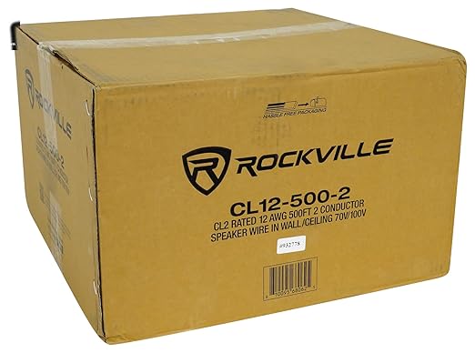Rockville CL12-500-2 12 AWG 500ft Speaker Wire In Wall Ceiling, CL2 Rated, 70V 100V Compatible, Oxygen-Free Copper, for Home Theater and Commercial Audio