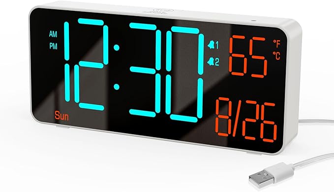 KOSUMOSU Small Digital Clock for Bedroom, 6.7in Desk Clock, Auto Dimming, Room Temperature, Day of The Week, Date, Seconds, Alarm Clocks for Bedrooms, Clocks for Living Room