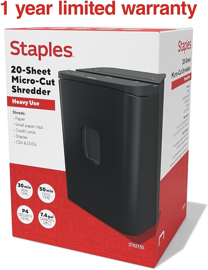 Staples 20-Sheet Micro-Cut Shredder – High-Security Document & Credit Card Shredding for Offices