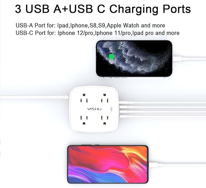 20 Ft Surge Protector Power Strip - 8 Widely Outlets with 4 USB Ports, 3 Side Outlet Extender with 20 Feet Extension Cord, Flat Plug, Wall Mount, Desk USB Charging Station, ETL, White