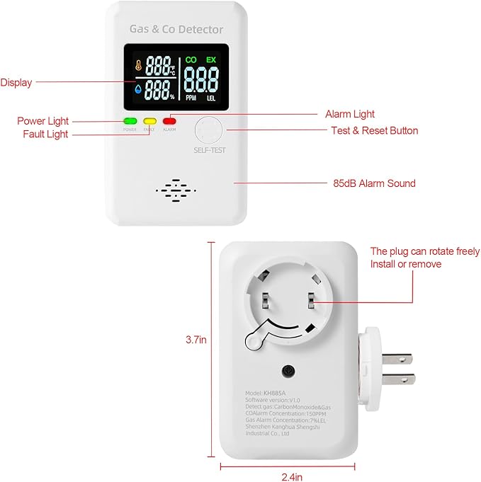 Combination Natural Gas & Carbon Monoxide Detectors,4-in-1 Real-time Display & Monitor,Low-Concentration Detect,Plug in Propane Detector & CO Alarm, for Home,Camping,RV,Apartment