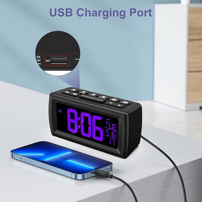 OQIMAX Digital Alarm Clock Radio, 7 Color Fonts, Dual Alarms, FM Radio, USB Charging Port, Snooze, Digital FM Radio Clock with Battery Backup, Adjustable Brightness – Ideal for Bedroom & Office
