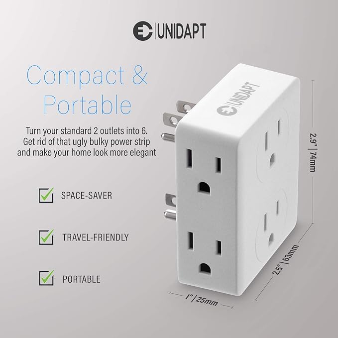 Unidapt Multi Plug Outlet Splitter, Multiple Outlets Extender Adapter with 6 AC Power Socket, Side Splitter Box, Wall Tap Plug Expander for Home Hotel Office Dorm Essentials, 2-Pack