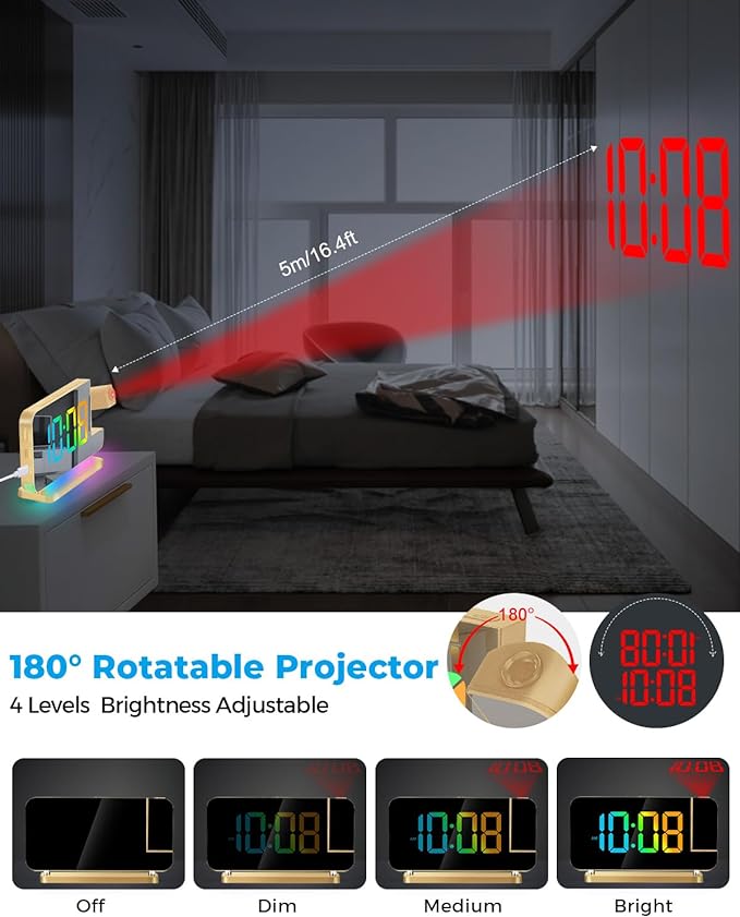 SZELAM Projection Alarm Clock,7.4" LED Mirror Digital Clocks Large Display,with 180° Rotatable Projector,RGB Night Light,USB C Port,Auto Dimmer, Loud Desk Clock for Heavy Sleeper Bedroom - Gold
