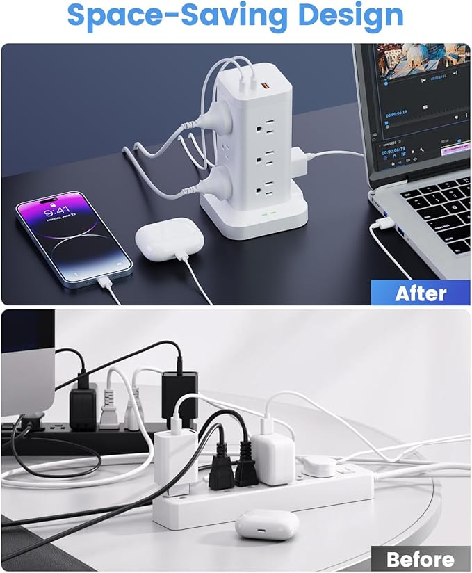 Tagzilo 15-in-1 Power Strip Tower with Surge Protector 1800J, Fast Charging Tower PD20W USB-C Ports with 12 AC Outlets, 15ft Extension Cord for Home Office Dorm Room, White