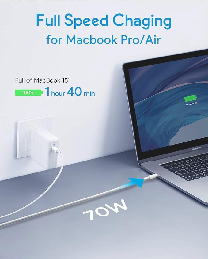Mac Book Pro Charger, 70W USB C Charger Power Adapter for MacBook Pro/Air 13/14 Inch, for MacBook 12 Inch, Included USB-C to USBC Charge Cable (6.6ft/2m)