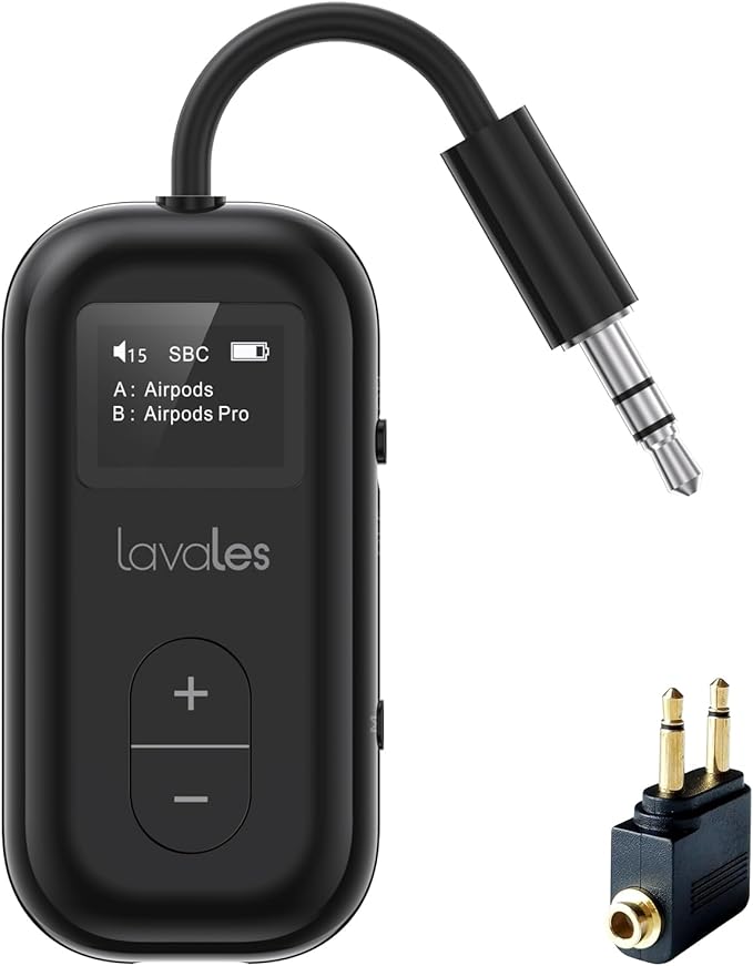 SafeFly Dual Bluetooth Transmitter, 3.5mm AUX Wireless Audio Adapter W/Screen for Airplanes to Wireless Headphones, APTX Low Latency, Dual Pairing, 30H Battery, Audio Adapter for TV/Gym/Gaming -Black