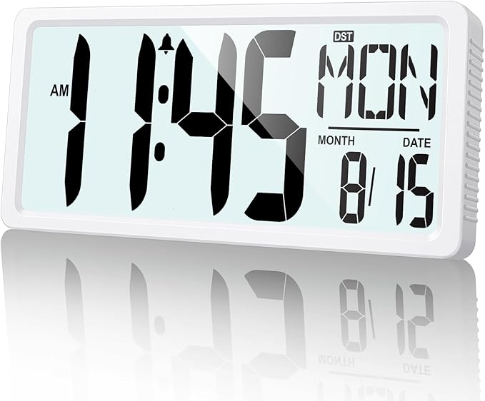 XREXS Large Digital Wall Clock Battery Operated with Backlight, 15" LED Large Display Timer with Temperature Date Week Auto DST Adjustable Brightness, Alarm Clock for Classroom, Livingroom, Office