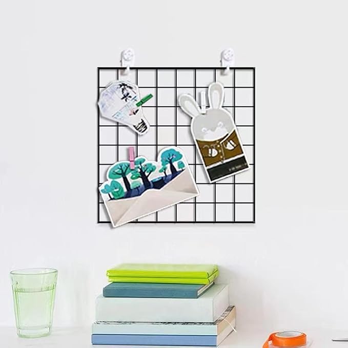 Feadily 4 Pack Metal Grid Wall Board Including 1 Hook Rack, Photos & Pictures Display Board,Photo Wall, Picture Board, DIY Home & Office Wall Decor 13.8 Inch × 13.8 Inch (Black)