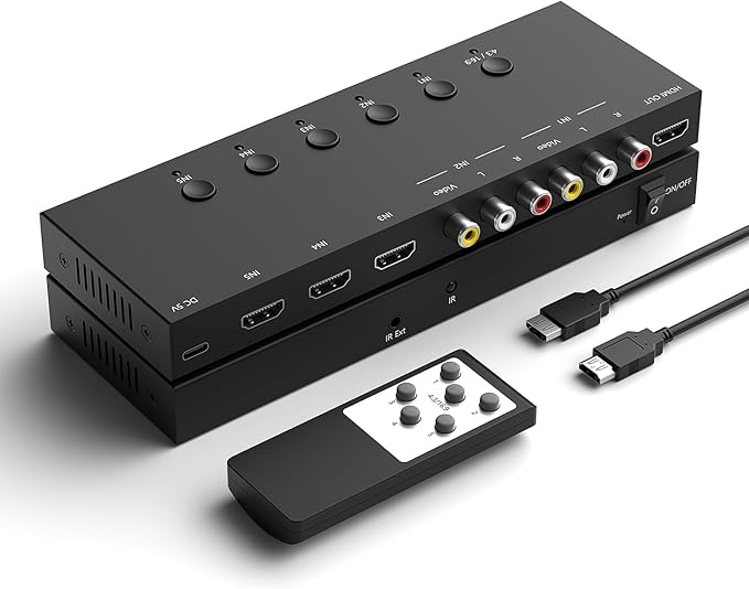 ZUZONG 2 AV to HDMI Converter + 3 HDMI2.0 Switcher(2 in 1) 2 Way RCA Composite to HDMI Adapter Support 4:3/16:9 Switching for N64 NGC WII Xbox PS2/3/4/5 DVD Xbox Series/ONE Switch/OLED