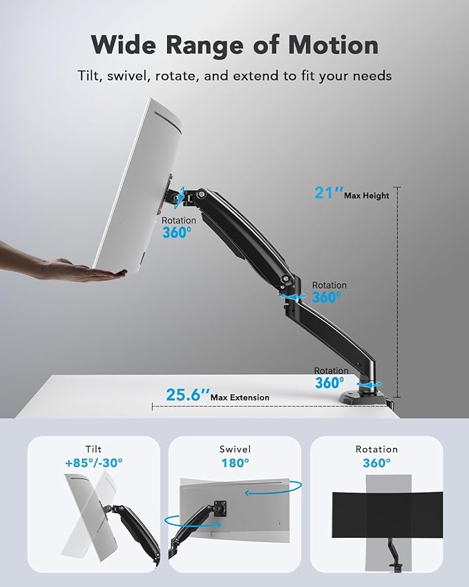 HUANUO Single Monitor Arm for 13-35 inch Screens,Ultrawide Computer Monitor Mount Holds 26.4lbs,Upgraded Adjustable Monitor Stand with USB,C-Clamp&Grommet Base,VESA 75x75/100x100mm(Black)
