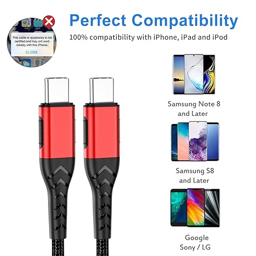 Durcord USB C to USB C Cable, 2Pack 100W 6ft USB C Charger Cable Fast Charging for Android/Phone/Pad, Type C to Type C Charger Braided Compatible with iPhone 15 Pro/Plus/Max/Android/Phone/Pad Red