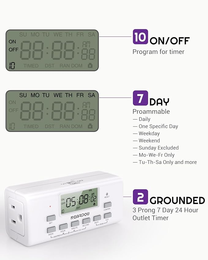 NEARPOW Digital Timer for Lamp with Dual Outlets, Programmable Timer in Door, Outlet Timers for Lights,10 On/Off Programs, 24-Hour and 7-Day Programmable Electric Plug Timers,3 Prong, 15A/1875W