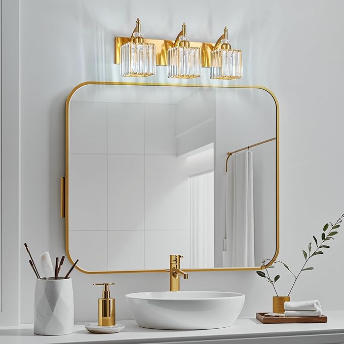 BBLLWJ Modern Bathroom Vanity Light 3-Light Gold Crystal Light Fixtures Over Mirror for Bathroom Wall Sconce