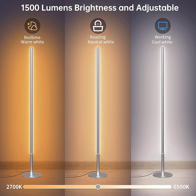 Marlrin RGBW Floor Lamp, Color Changing Standing LED Corner Lamp, Modern Lamp with Music Sync, Compatible with Alexa，Wi-Fi APP and Remote Control, 57.8" Floor Lamp for Living Room and Bedroom, Silver