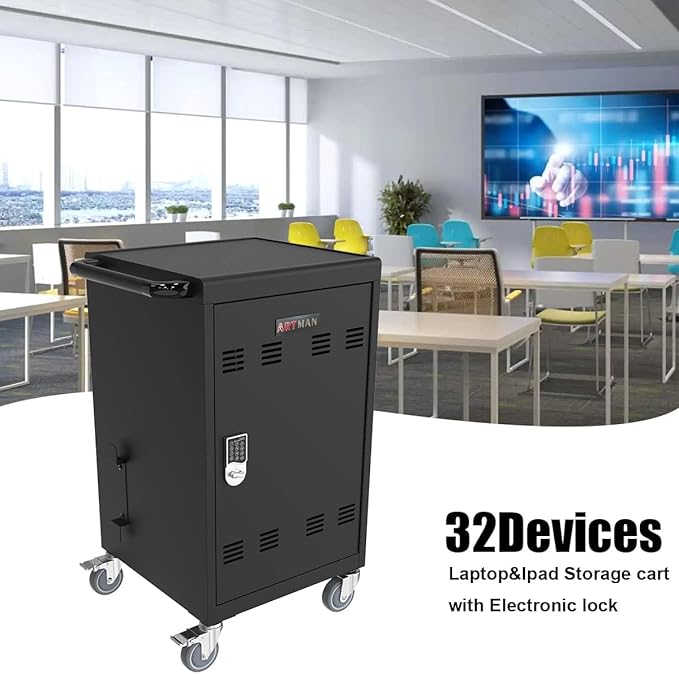 32 Device Mobile Charging Station for Laptops/Tablets/iPads/Chromebooks,32 Bay Lockable Charging Cabinet with Cable Management & Power Strip Included, Laptop & Tablet Storage Carts,Combination Lock