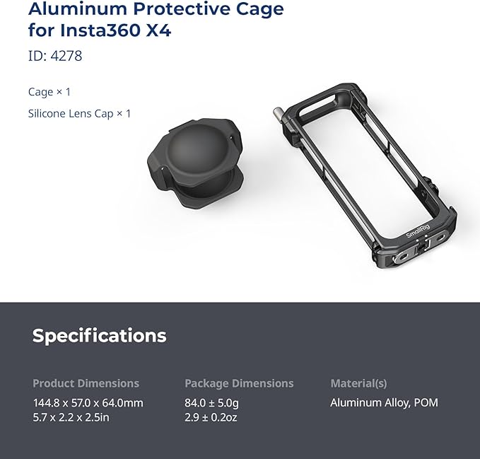 SMALLRIG Cage for Insta360 X4, Aluminum Protective Case for Insta 360 X4 with Silicone Lens Cover, Built-in Cold Shoe and 1/4"-20 Anti-Deflection Threaded Hole - 4278