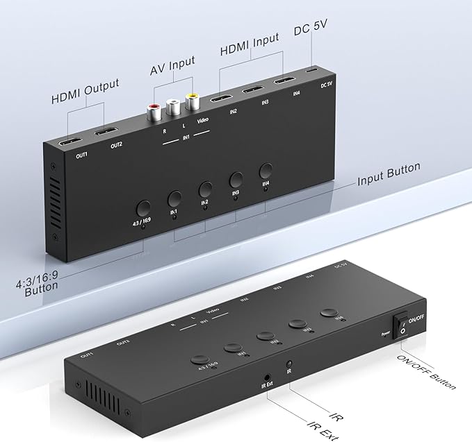 4 in 2 Out RCA/HDMI Switcher，3 Way HDMI 2.0 + 1 RCA Converter，4:3/16:9 & 2 Ports HDMI Output Support 4K and 3D for PS1/2/3/4/5, N64, SNES, Switch, DVD, Roku, etc.