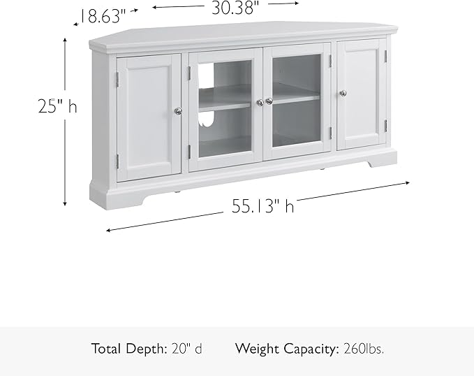 Leick Home Mateo Corner TV Stand, for 65 in. TV, 2 Glass Doors and 2 Soild Doors, White, 85386