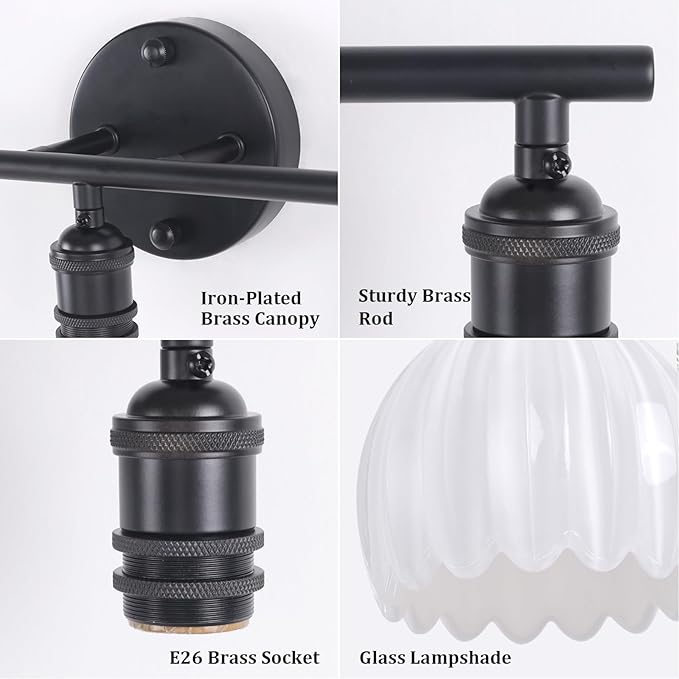 Shenmoyl Bathroom Light Fixtures, 3-Light Black Vanity Wall Light Over Mirror with White Tulip Glass Shade for Bedroom Living Room (Bulb Not Included)