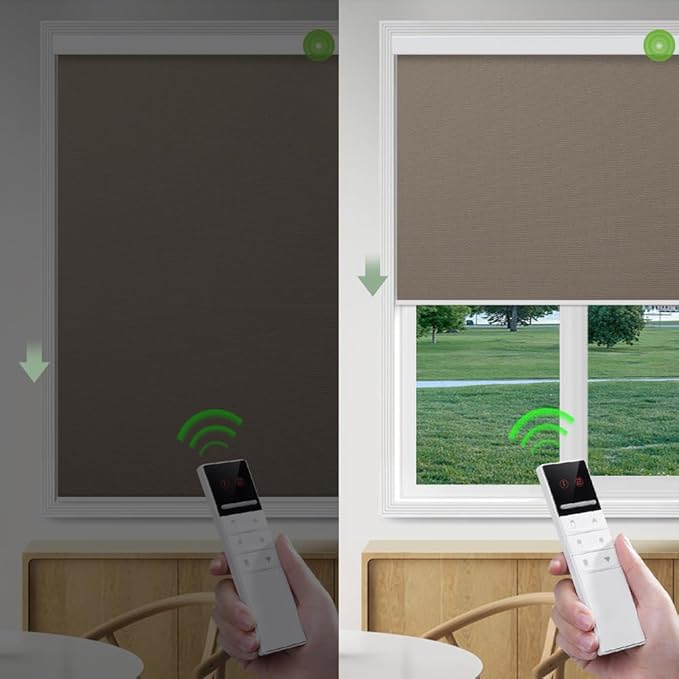 ZSHINE Motorized Blackout Window Blinds Customize Width (23-95 Inches) Remote Control Wireless and Rechargeable Roller Shades Blinds for Windows, Home, Office, Hotel, Club, Restaurant(82010E Bronze)