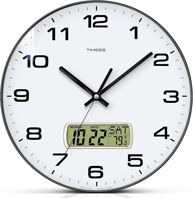 TIMESS Wall Clock, 13" Dial Non-Ticking Silent Battery Operated Analog with LCD Display for Perpetual Calendar and F° Temperature, Ideal Modern Home, Bedroom, Kitchen, Office Decor(Black)