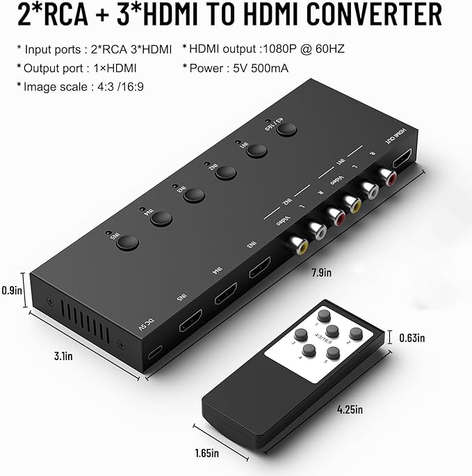 Azduou 2 AV Inputs + 3 HDMI 2.0 Inputs to HDMI Converter (5 in 1) with Upgrade New Version